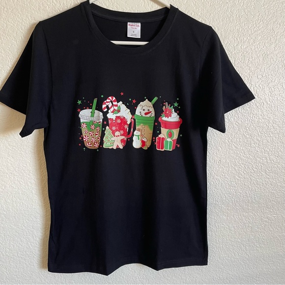 NWT Christmas Coffee Print T-Shirt, 100% Cotton T-Shirt, Coffee Lover - Picture 3 of 12